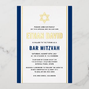 Elegante donkerblauwe bar mitswa Ster van David ec Folie Uitnodiging