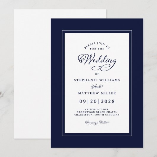 Elegante donkerblauwe bruiloft chique moderne kall kaart (Voorkant / Achterkant)