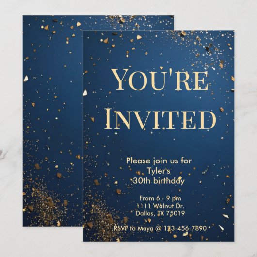 Elegante donkerblauwe en faux gouden verjaardagsui kaart (Voorkant / Achterkant)
