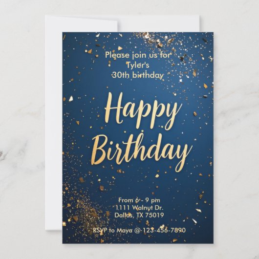 Elegante donkerblauwe en faux gouden verjaardagsui kaart (Voorkant)