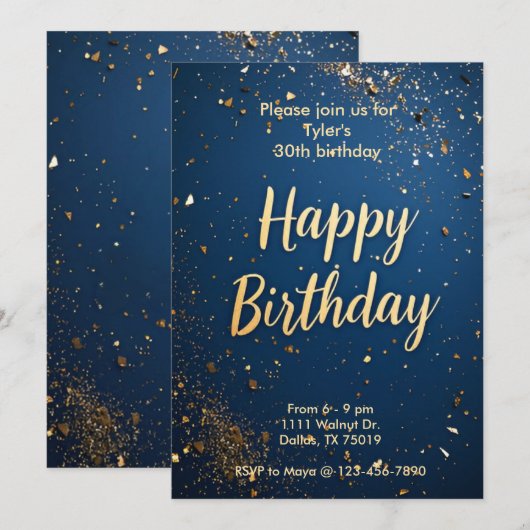Elegante donkerblauwe en faux gouden verjaardagsui kaart (Voorkant / Achterkant)