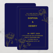 Elegante donkerblauwe en gouden bloemige bruiloft kaart (Voorkant / Achterkant)