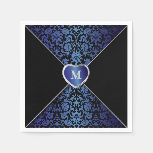 Elegante donkerblauwe en zwarte Damask | Monogram Servet (Voorkant)