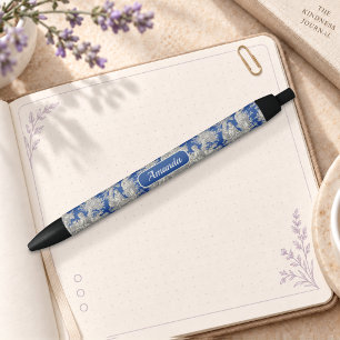 Elegante donkerblauwe Franse Toile De Jouy bloemmo Zwarte Inkt Pen