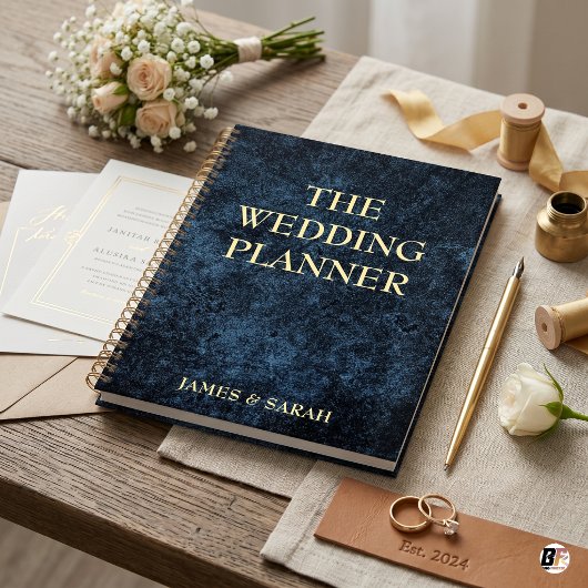 Elegante donkerblauwe gestructureerde trouwdag planner