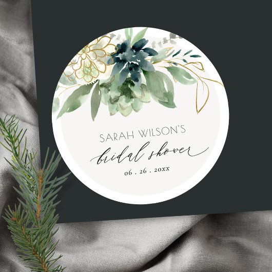 Elegante donkerblauwe groene succulente bruiloftsd ronde sticker