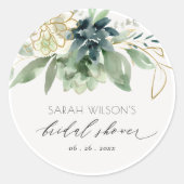 Elegante donkerblauwe groene succulente bruiloftsd ronde sticker (Voorkant)