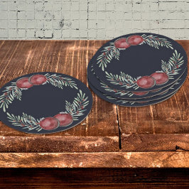 Elegante donkerblauwe kerstversiering rode bessen ronde kartonnen onderzetter