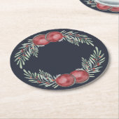 Elegante donkerblauwe kerstversiering rode bessen ronde kartonnen onderzetter (Gebogen)