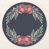 Elegante donkerblauwe kerstversiering rode bessen ronde kartonnen onderzetter (Voorkant)