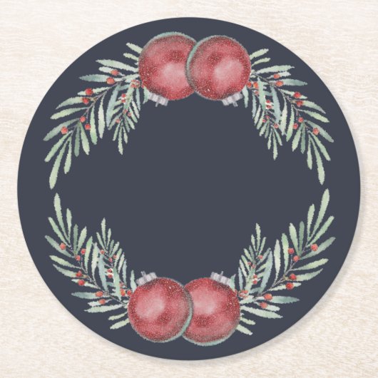 Elegante donkerblauwe kerstversiering rode bessen ronde kartonnen onderzetter (Voorkant)