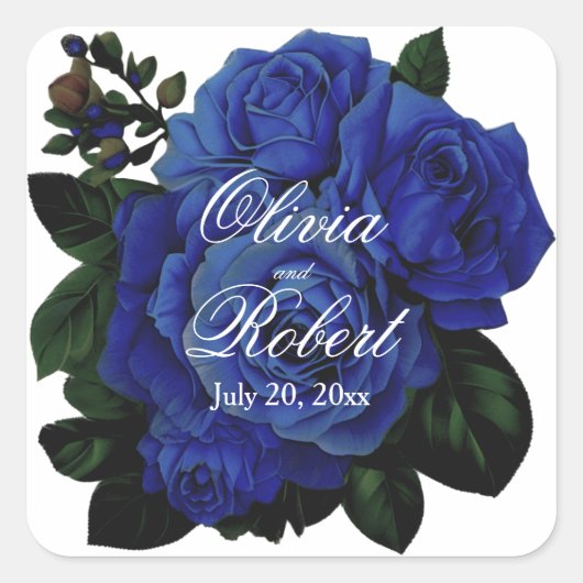 Elegante donkerblauwe rozen bruiloft vierkante sticker (Voorkant)
