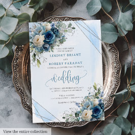 Elegante donkerblauwe Rozen Zilveren Lijst bruilof Kaart