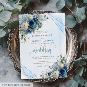 Elegante donkerblauwe Rozen Zilveren Lijst bruilof Kaart