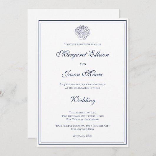Elegante donkerblauwe shell bruiloft kaart (Voorkant / Achterkant)