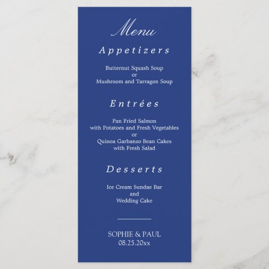 Elegante donkerblauwe trouwmenu menu (Voorkant)