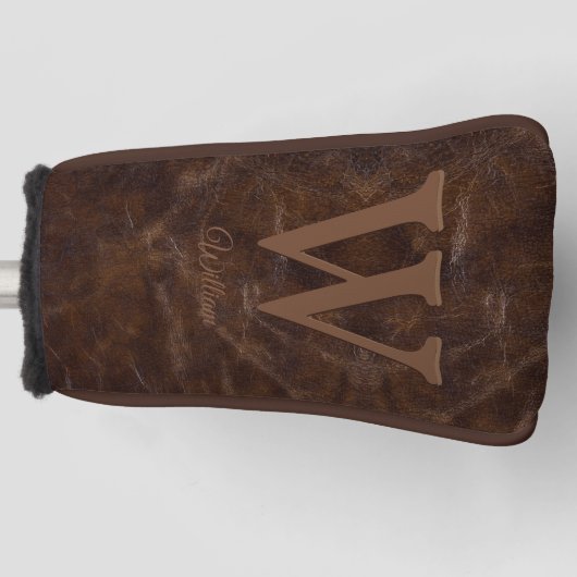 Elegante donkerbruine koeienleder textuur met mono golfheadcover (Voorkant)