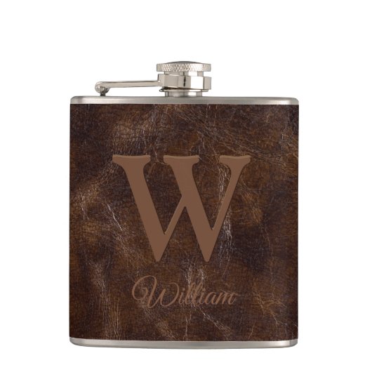 Elegante donkerbruine koeienleder textuur monogram heupfles (Voorkant)