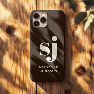 Elegante donkerbruine monogram beginletters Case-Mate iPhone case