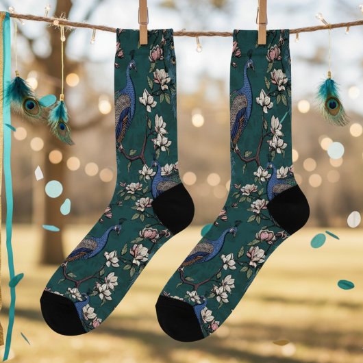 Elegante donkere Blauwgroen pauwen en Magnolia-blo Sokken