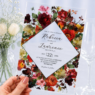 Elegante donkere bloemen bruiloft met mysterieuze acryl uitnodigingen