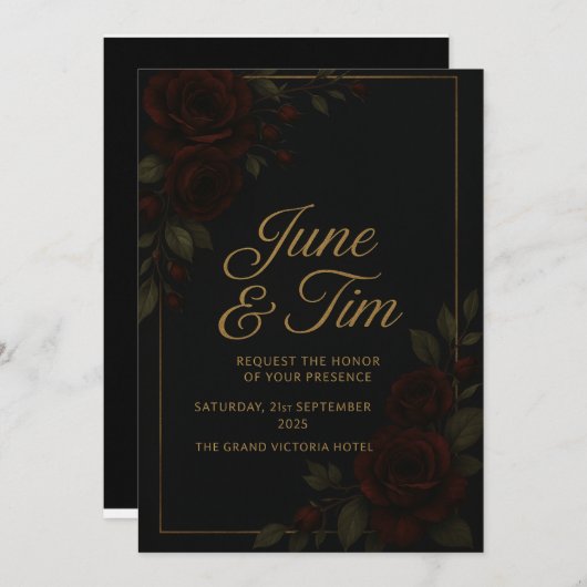 Elegante donkere bloemen bruiloft uitnodiging (Voorkant / Achterkant)