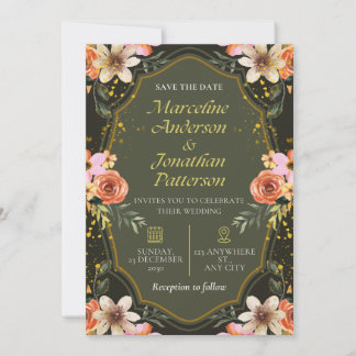 Elegante donkere bloemen bruiloft uitnodigingskaar kaart