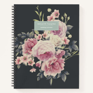 Elegante donkere bloemen op zwart gepersonaliseerd notitieboek