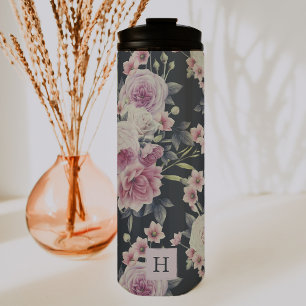 Elegante donkere bloemen op zwart Monogram tumbl Thermosbeker