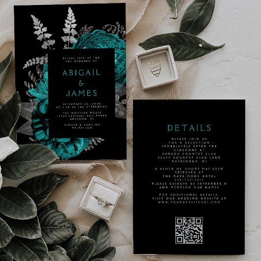 Elegante donkere bloemencode teal zilveren QR-code Kaart