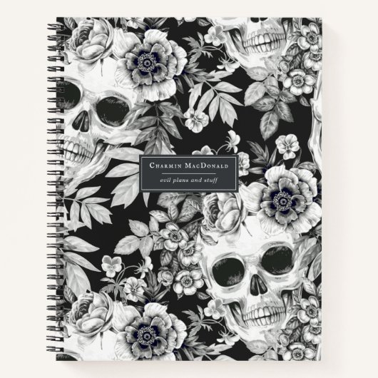 Elegante donkere bloemenschedels op zwart geperson notitieboek (Voorkant)