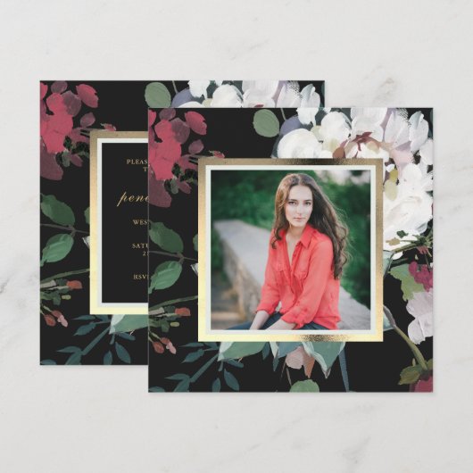 Elegante donkere bloemige afstudeerfeest foto kaart (Voorkant / Achterkant)