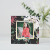Elegante donkere bloemige afstudeerfeest foto kaart (Staand voorkant)