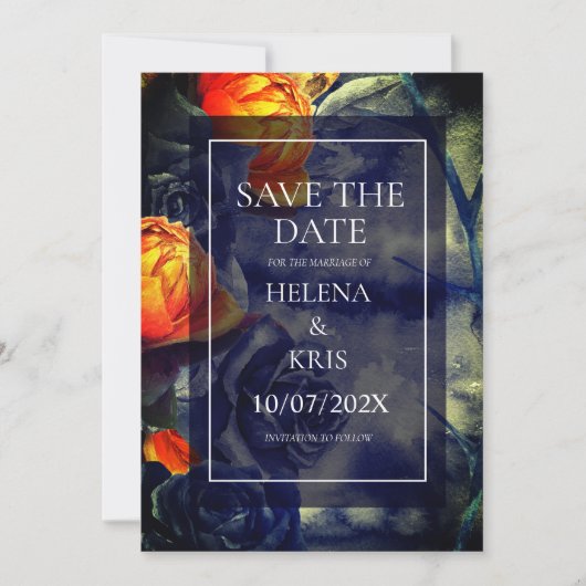 Elegante donkere bloemige bruiloft save the date (Voorkant)