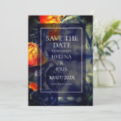 Elegante donkere bloemige bruiloft save the date (Staand voorkant)