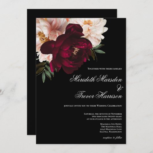 Elegante donkere bordeaux & blush bloemenzwart bru kaart (Voorkant / Achterkant)