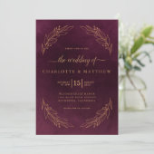 Elegante donkere bordeaux en gouden botanische bru kaart (Staand voorkant)