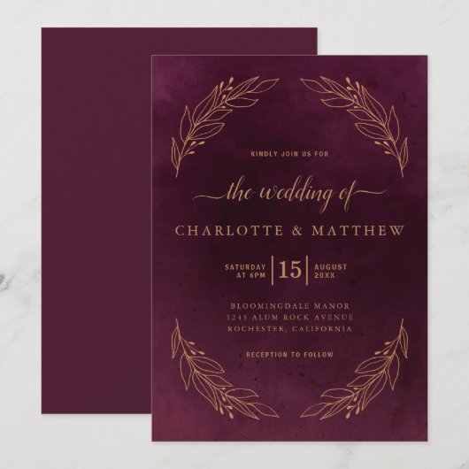 Elegante donkere bordeaux en gouden botanische bru kaart (Voorkant / Achterkant)