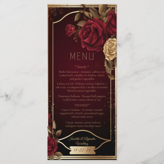 Elegante donkere bordeaux rode roos en gouden brui menu (Voorkant)