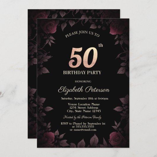 Elegante donkere bordeaux Rozen zwart 50ste verjaa Kaart (Voorkant / Achterkant)