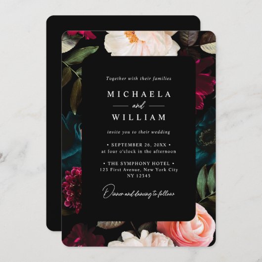 Elegante donkere en humeurige moderne bloemenbruil kaart (Voorkant / Achterkant)
