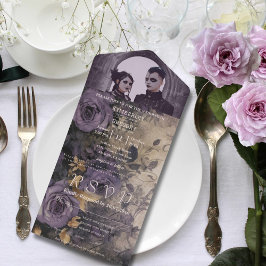 Elegante Donkere Gotische Paarse Roos Eén Foto All In One Uitnodiging