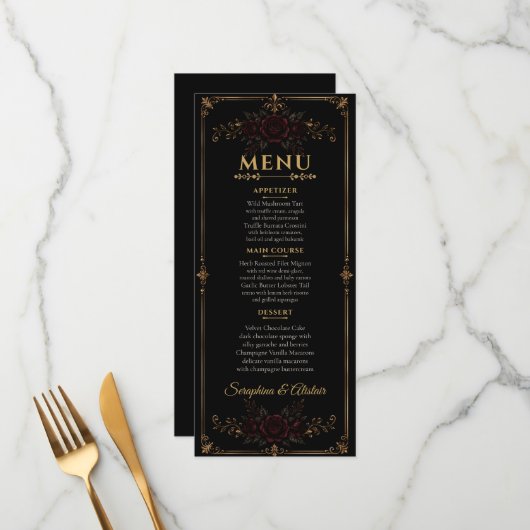 Elegante Donkere Gotische Trouwmenu Menu (Voorkant / Achterkant in situ)