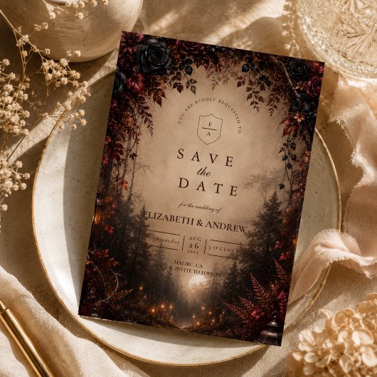 Elegante Donkere Herfst Bruiloft Save The Date