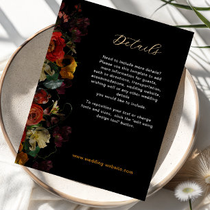 Elegante donkere humeurige bloemen bruiloft detail informatiekaartje