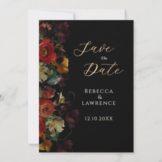 Elegante donkere humeurige bloemen bruiloft save the date (Voorkant)
