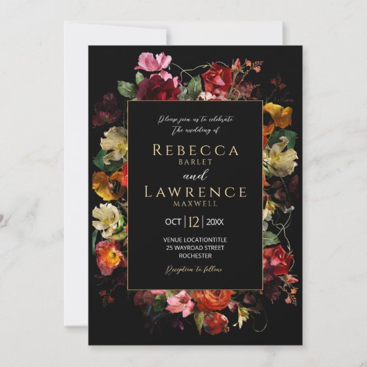 Elegante donkere humeurige bloemen bruiloft uitnod kaart (Voorkant)