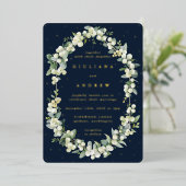 Elegante donkere marine sneeuwbes + eucalyptus bru folie uitnodiging (Staand Voorkant)