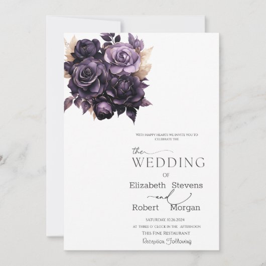 Elegante donkere Paarse Rozen bruiloft uitnodiging (Voorkant)