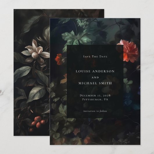 Elegante donkere romantische humeurige bloemenbrui save the date (Voorkant / Achterkant)